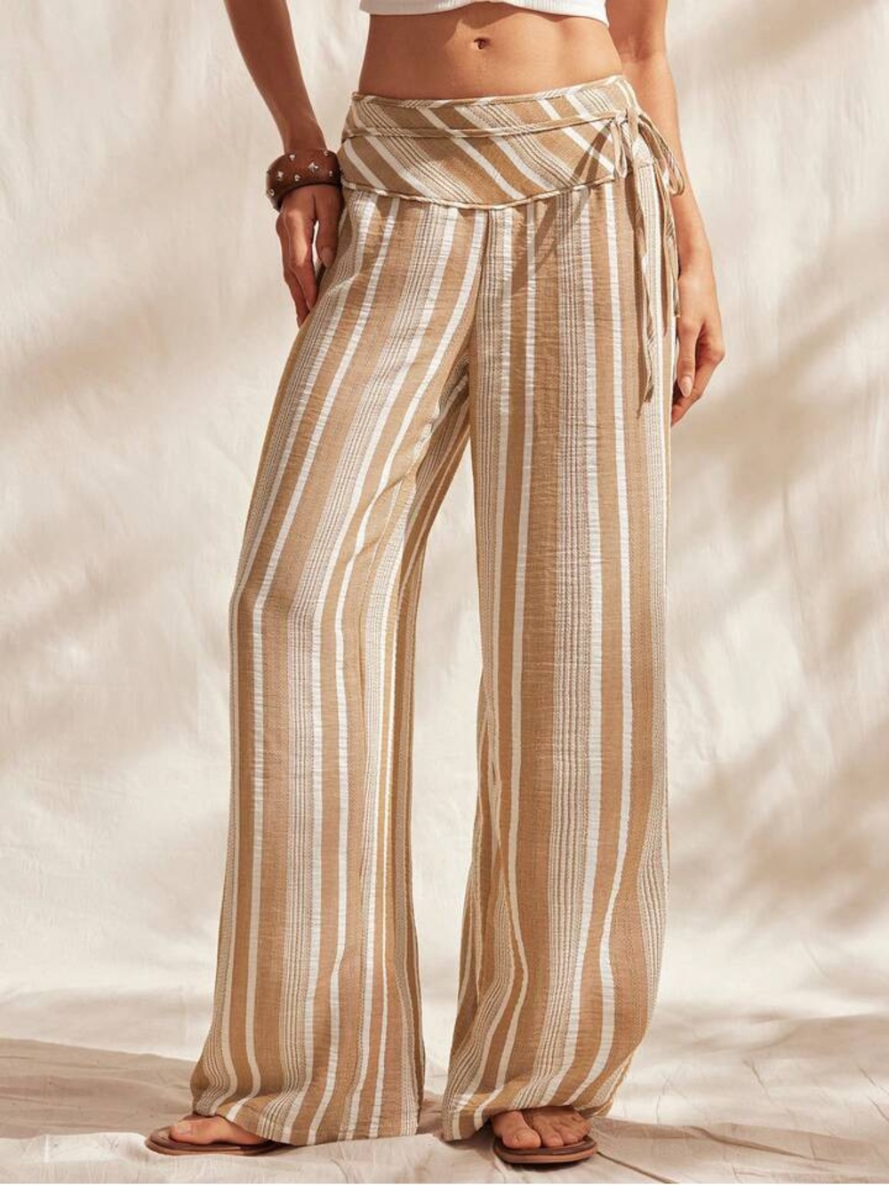 SHEIN Beige & White Striped Wide-Leg Tie-Waist Pants